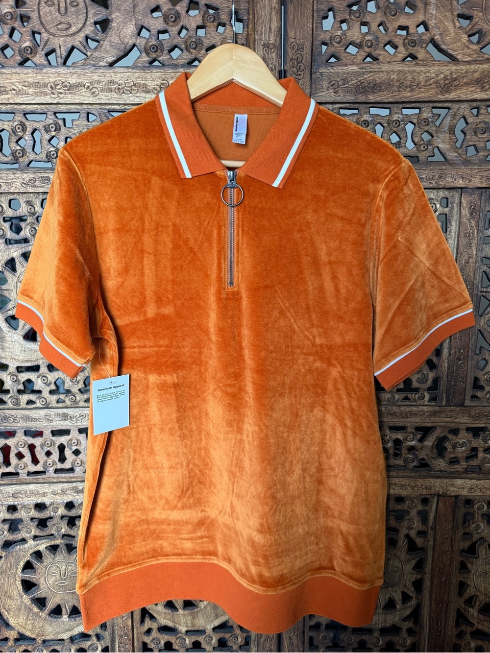 NWT Deadstock American Apparel Orange Velour Short-Sleeve Zip Polo